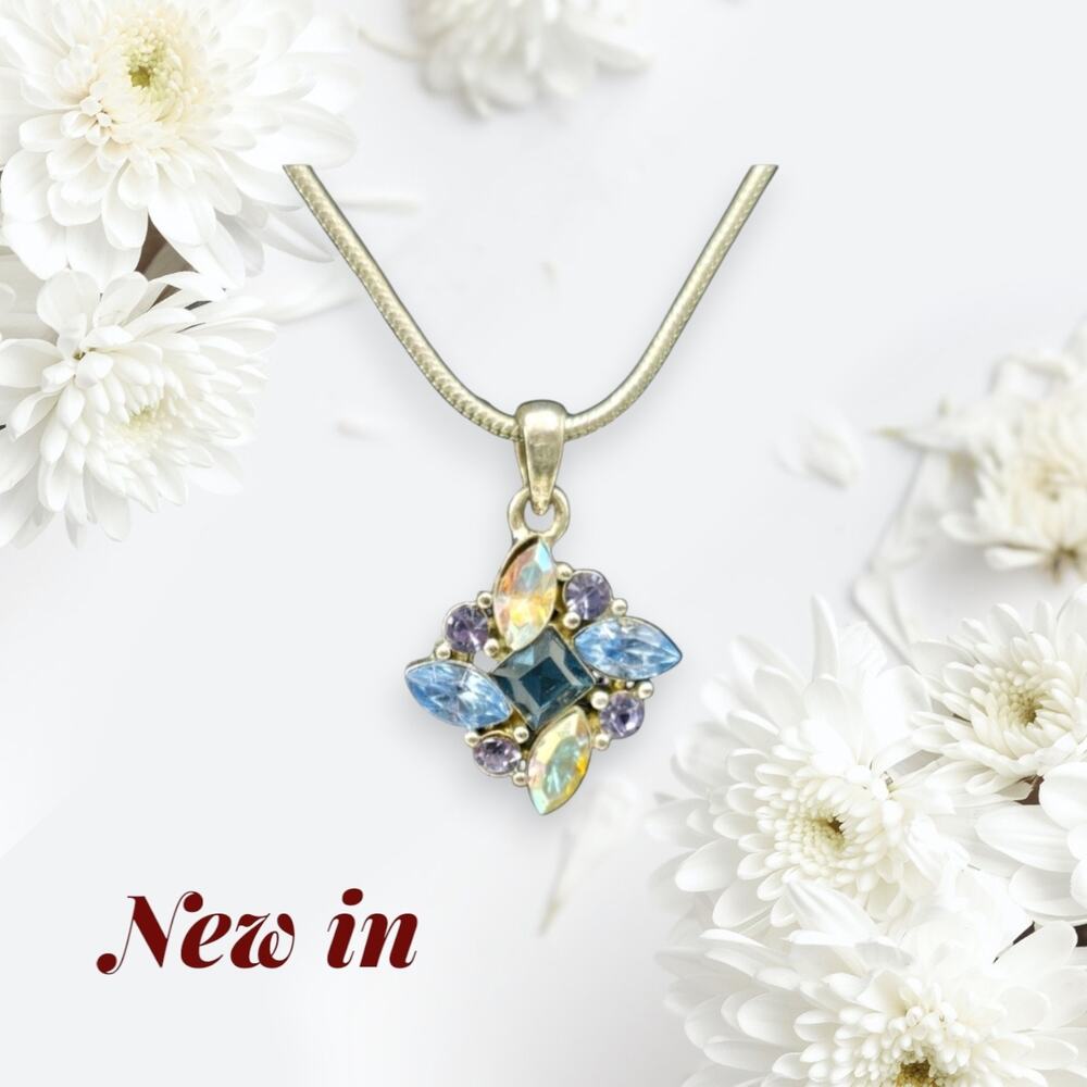 Carolina Herrera Diamond Shaped Blue Rhinestone 15-inch Silver Necklace